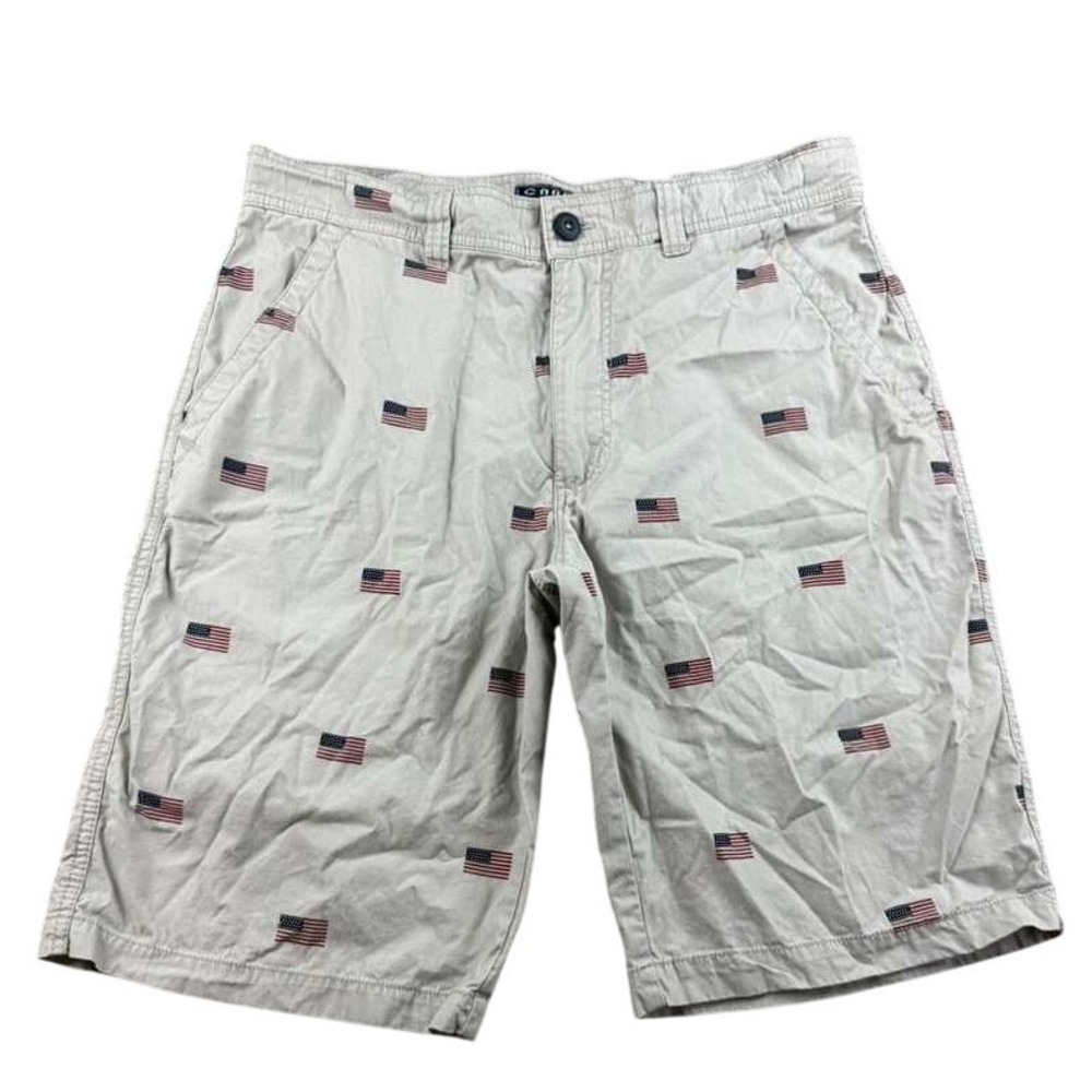 Cargo Supplies Chino Shorts Men 32 Gray American Flag Print Flat Front Cotton‎